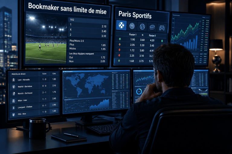 Parieur professionnel analysant des cotes et statistiques sur plusieurs écrans d'ordinateur dans une ambiance sombre et moderne.
