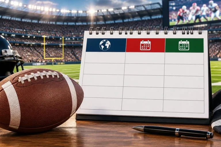 Infographie calendrier du mercato avec un ballon et un stylo sur fond de stade, affichant les colonnes Pays, Début et Fin.