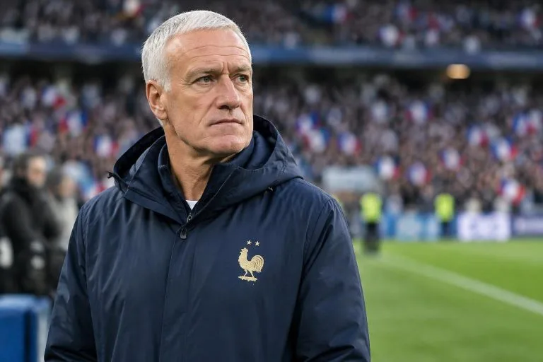 Portrait photoréaliste d'un sélectionneur de football aux cheveux gris portant une veste technique bleu marine avec le coq de la FFF, sur le bord d'un terrain de stade.