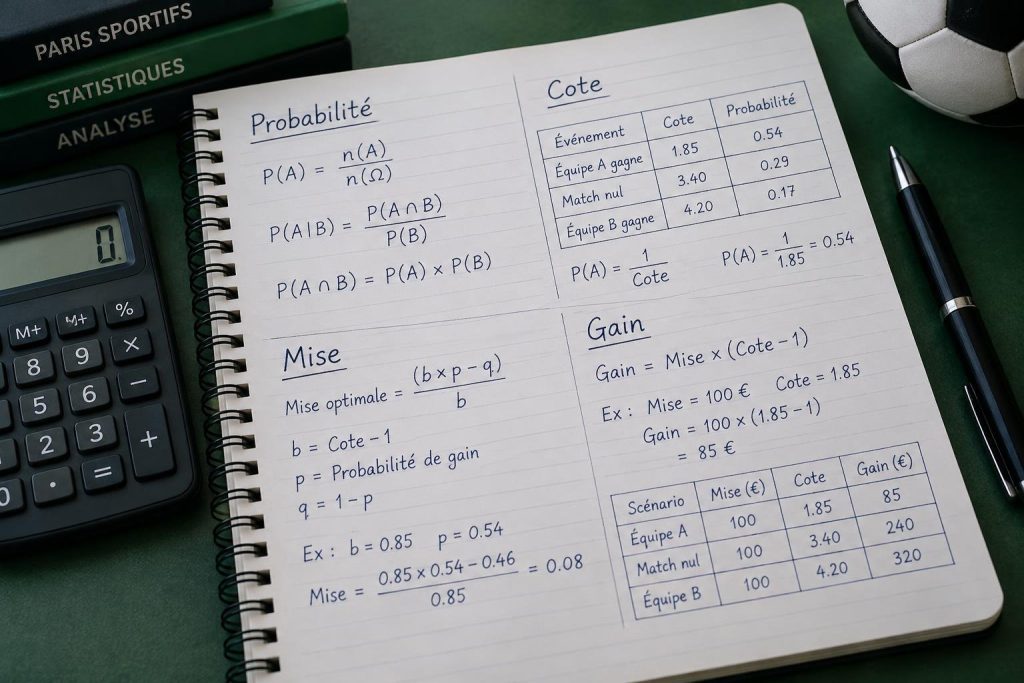 Cahier ouvert sur un bureau vert affichant des formules mathématiques et des tableaux de statistiques pour les paris sportifs.