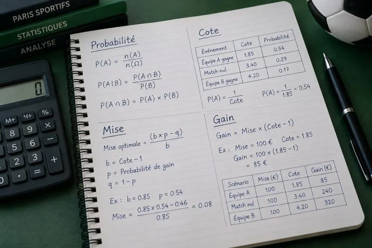 Cahier ouvert sur un bureau vert affichant des formules mathématiques et des tableaux de statistiques pour les paris sportifs.